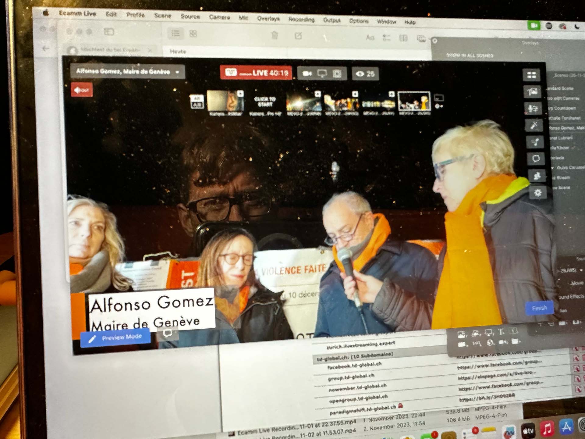 Outdoor live stream with the Mayor of Geneva, Alfonso Gomez, on screen